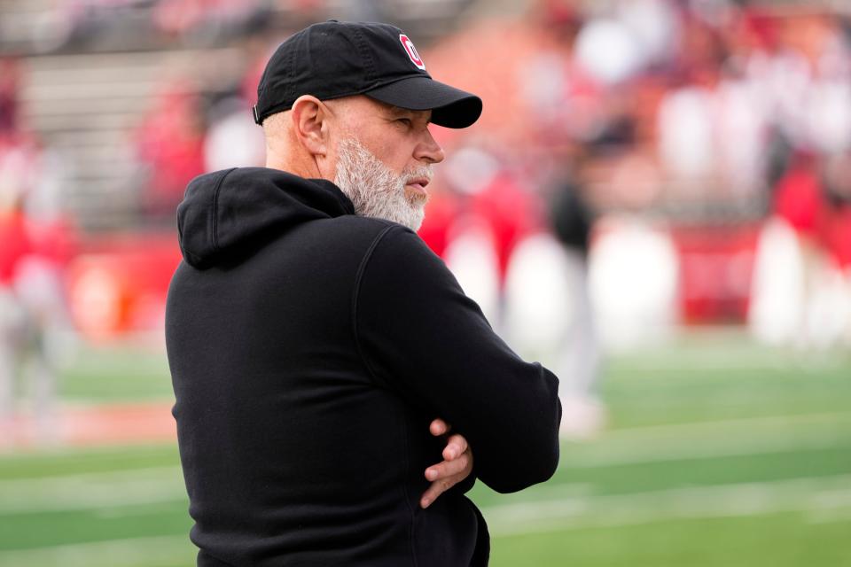 Nov 4, 2023; Piscataway, New Jersey, USA; Ohio State Buckeyes defensive coordinator Jim Knowles watches warm-ups during the NCAA football game against the Rutgers Scarlet Knights at SHI Stadium. Ohio State won 35-16.