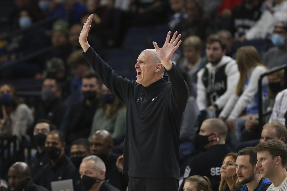 Indiana Pacers head coach Rick Carlisle calls to his team during the second half of an NBA basketball game against the Minnesota Timberwolves, Monday, Nov. 29, 2021, in Minneapolis. (AP Photo/Stacy Bengs)