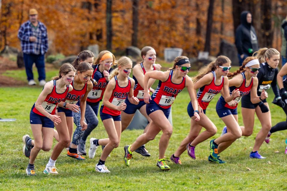 The Afton/Harpursville/Bainbridge-Guilford team is off the starting line for the Section 4 Class C girls cross country championship Nov. 2, 2023 at Chenango Valley State Park.