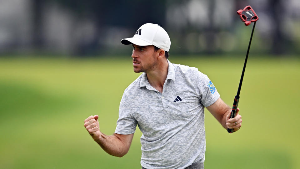 Nick Taylor holing a putt on the 17th during the final round of the 2023 RBC Canadian Open