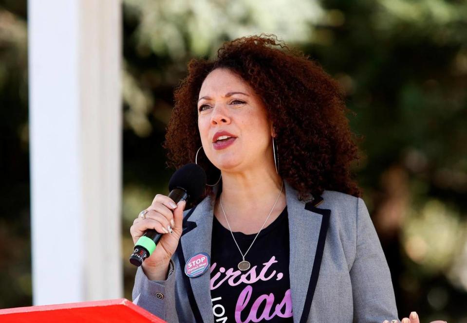 Erica A. Stewart, San Luis Obispo Mayor speaks at the Women’s Rally. More than 600 people gathered in Mitchell Park in downtown San Luis Obispo to participate in Women’s March SLO’s “Engage for Equity” rally Saturday.