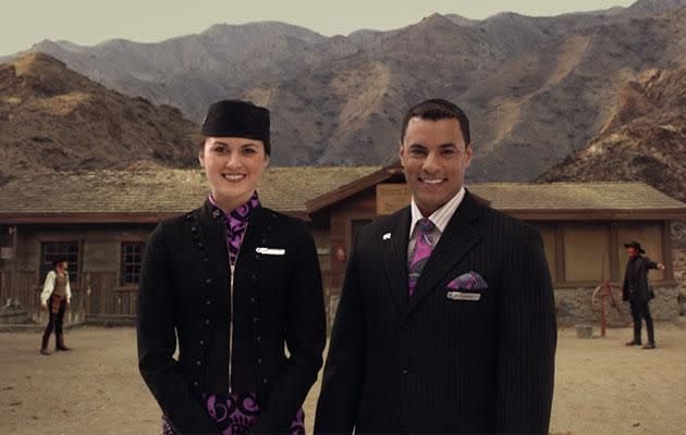 Safety info is mixed in with Rhys and Anna's Hollywood capers. Photo: Twitter/FlyAirNZ