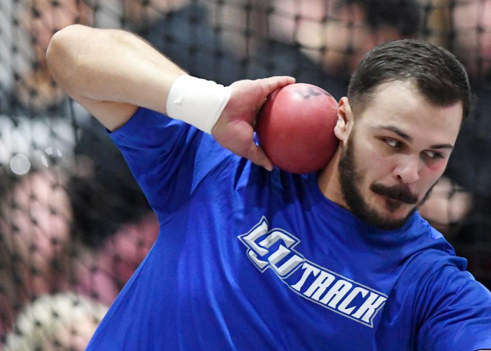 Lubbock Christian's Bryce Spencer competes in shot put during the Corky Classic hosted by Texas Tech track and field team, Saturday, Jan. 14, 2023, at Sports Performance Center.