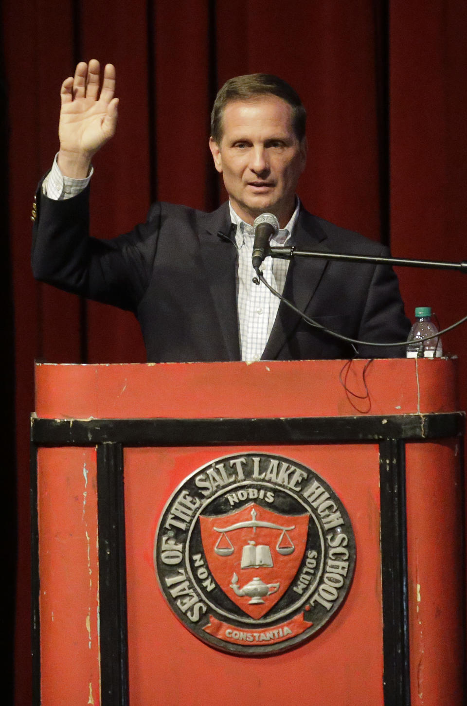 FILE - Republican U.S. Rep. Chris Stewart holds a town hall on March 31, 2017, in Salt Lake City. Stewart is resigning from his seat in the narrowly divided U.S. House of Representatives. He said in a statement on Wednesday, May 31, 2023, that he had decided to retire due to his wife's health. (AP Photo/Rick Bowmer, File)