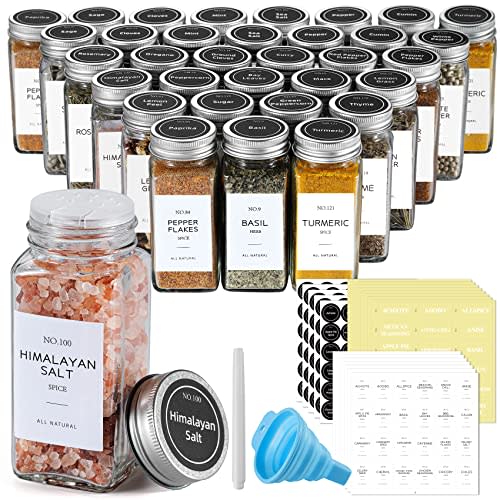 NETANY 25 Pcs Spice Jars with Labels - Glass Spice Jars with Shaker Lids, Minimalist Spice Labels Stickers, Collapsible Funnel, 4oz Seasoning Containers Bottles for Spice Rack, Cabinet, Drawer