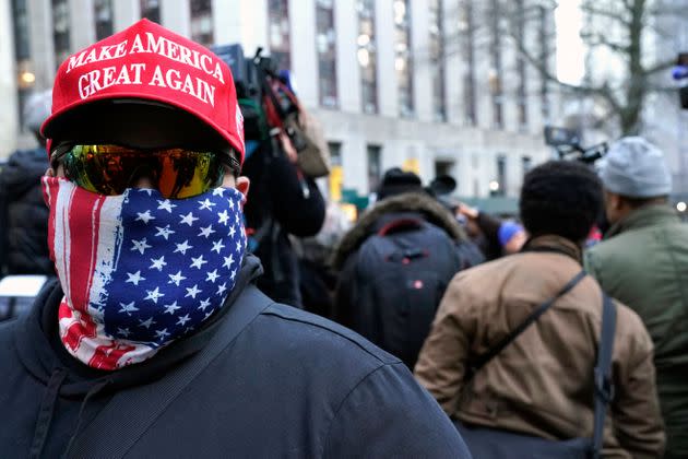 Members of the New York Young Republicans and the Long Island Loud Majority hold a sparsely attended rally for former President Donald Trump outside the offices of Alvin L. Bragg, the Manhattan district attorney, in New York City on March 20, 2023. 