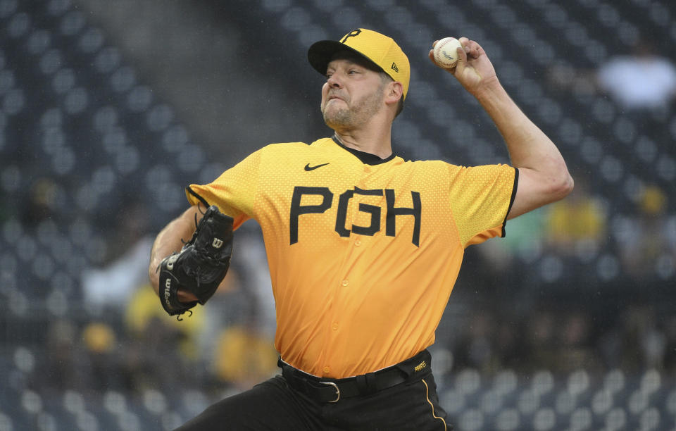 Pittsburgh Pirates starting pitcher Rich Hill delivers during the first inning of the team's baseball game against the San Diego Padres on Tuesday, June 27, 2023, in Pittsburgh. (AP Photo/Justin Berl)