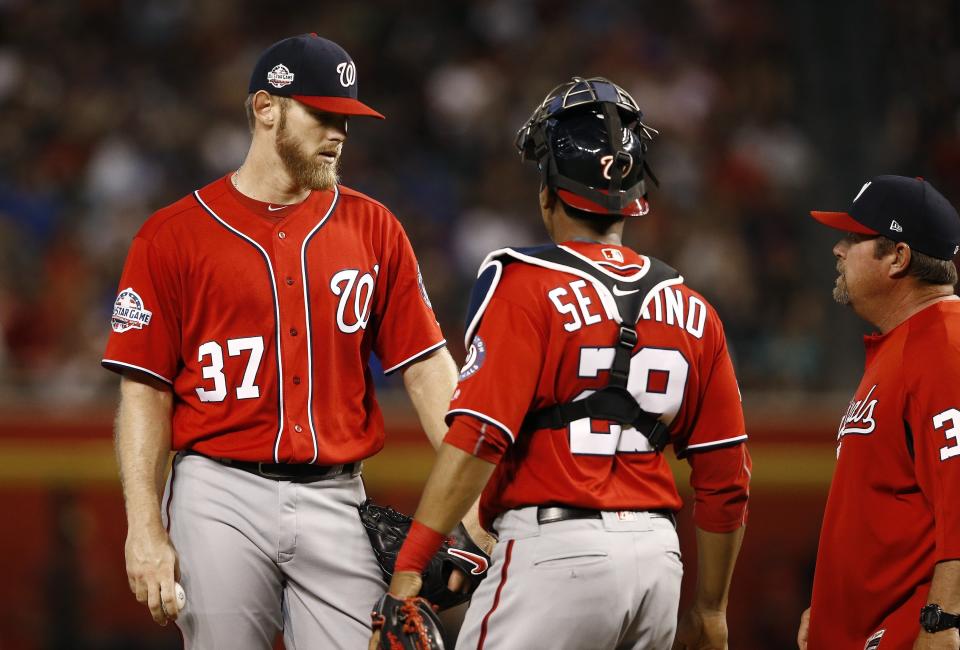 Washington Nationals pitcher Stephen Strasburg has been more than capable of finding the strike zone without extra help from catcher Pedro Severino. (AP Photo)