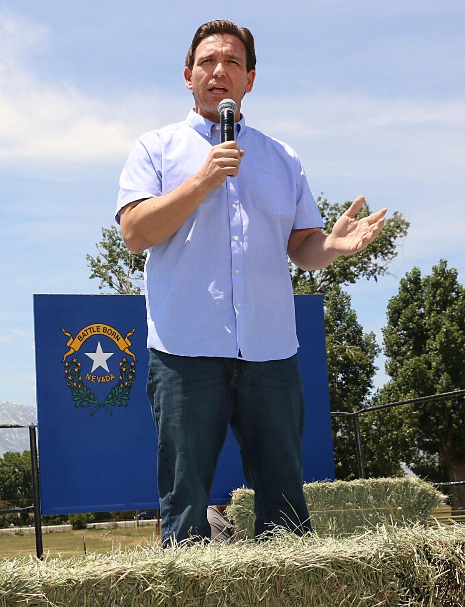 Gov. Ron DeSantis, shown campaigning at the 8th annual Basque Fry at the Corley Ranch in Gardnerville, Nevada, on Saturday. The governor has had access to a pricey golf simulator in the Governor's Mansion after it was lent by Mori Hosseini, a homebuilding magnate from Ormond Beach.