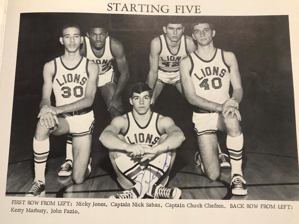 Nick Saban (center) with the starters for the 1968-69 Monongah High School boys basketball team in West Virginia. Teammates Chuck Chefren (front right) and John Fazio (back right) shared their memories of playing on the team with The Tuscaloosa News.