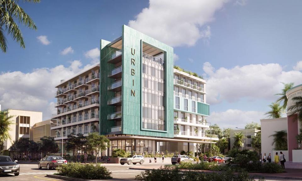 The Coral Gables-based Location Ventures and its co-living and co-working brand URBIN acquired the 4-story office building at 1234 Washington Ave. and the adjacent building and parking lot at 1260 Washington Ave. A rendering shows the proposed development at the site. Touzet Studio