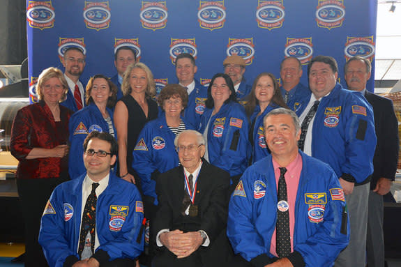 Members of the Space Camp Hall of Fame gather at the 2014 induction ceremony, Aug. 8 at the U.S. Space & Rocket Center in Huntsville, Alabama. Top row, left to right: Ed Van Cise (2012), Josh Whitfield (2008), Burke Hare (2011), Jim Allan (2009