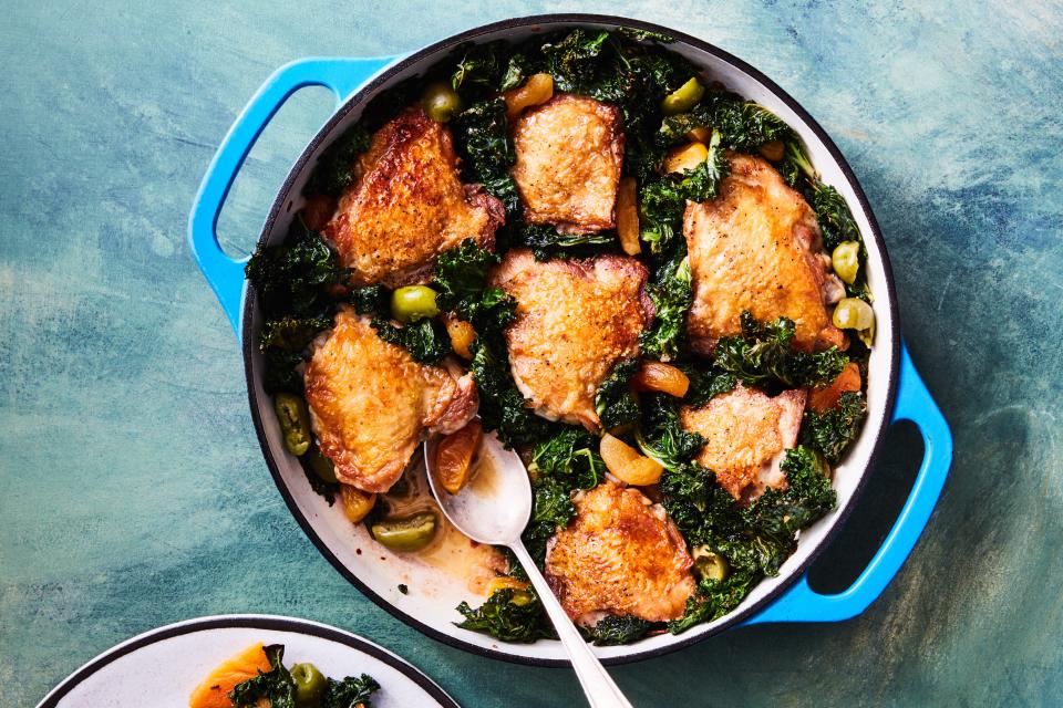 Crispy Chicken Thighs with Kale, Apricots, and Olives