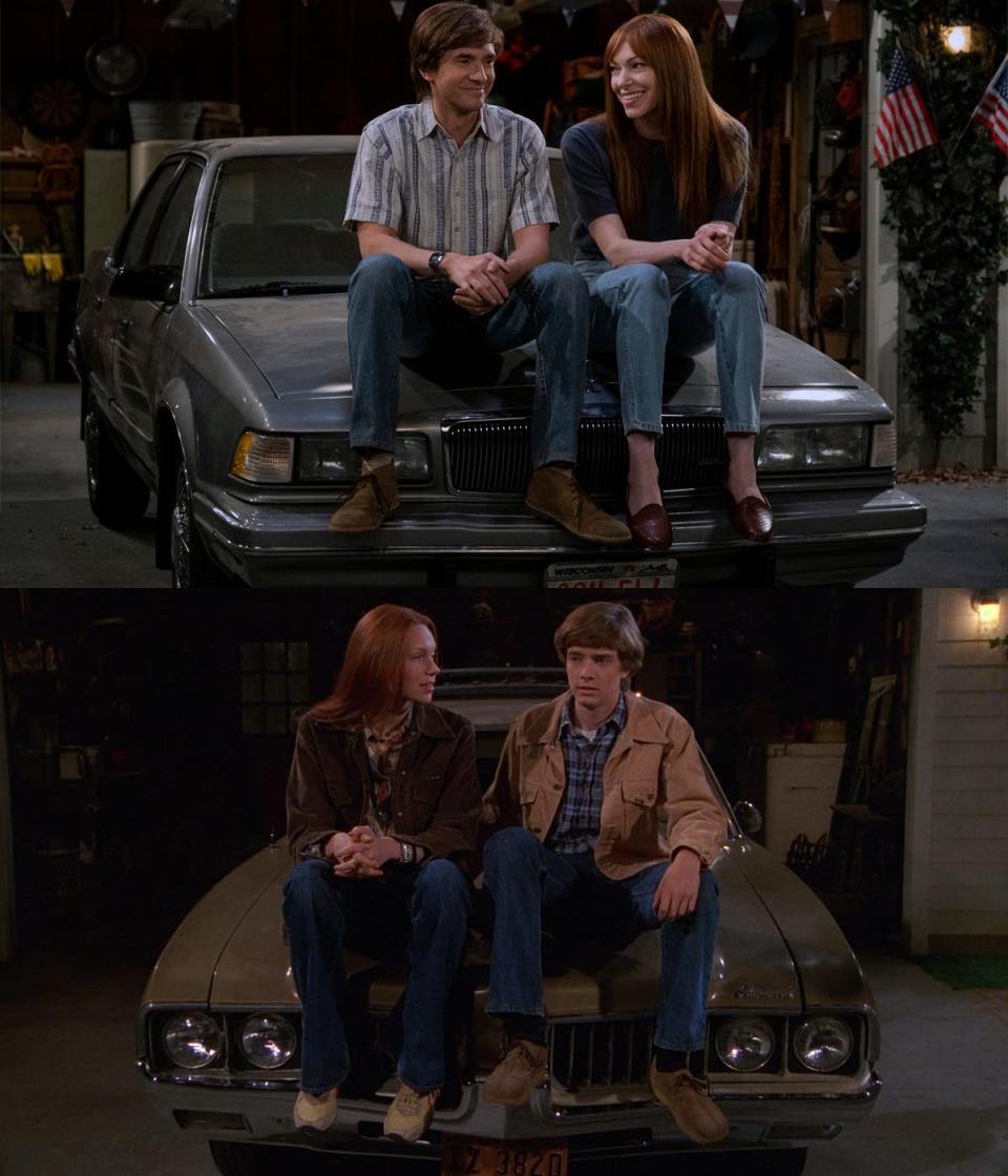 In the top photo: Topher Grace as Eric and Laura Prepon as Donna on season one, episode one of "That '90s Show." In the bottom photo: Prepon and Grace on season one, episode six of "That '70s Show."