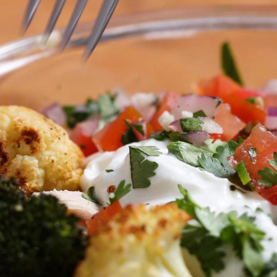 Veggies topped with pico de gallo and sour cream