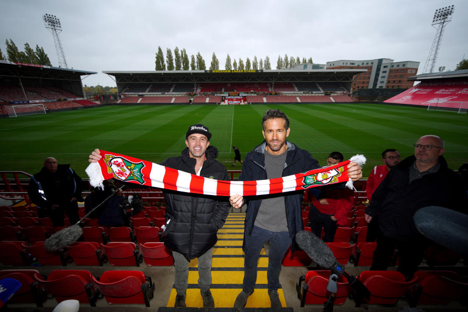 Wrexham co-chairmen Rob McElhenney and Ryan Reynolds during a press conference at the Racecourse Ground, Wrexham. Picture date: Thursday October 28, 2021. (Photo by Peter Byrne/PA Images via Getty Images)