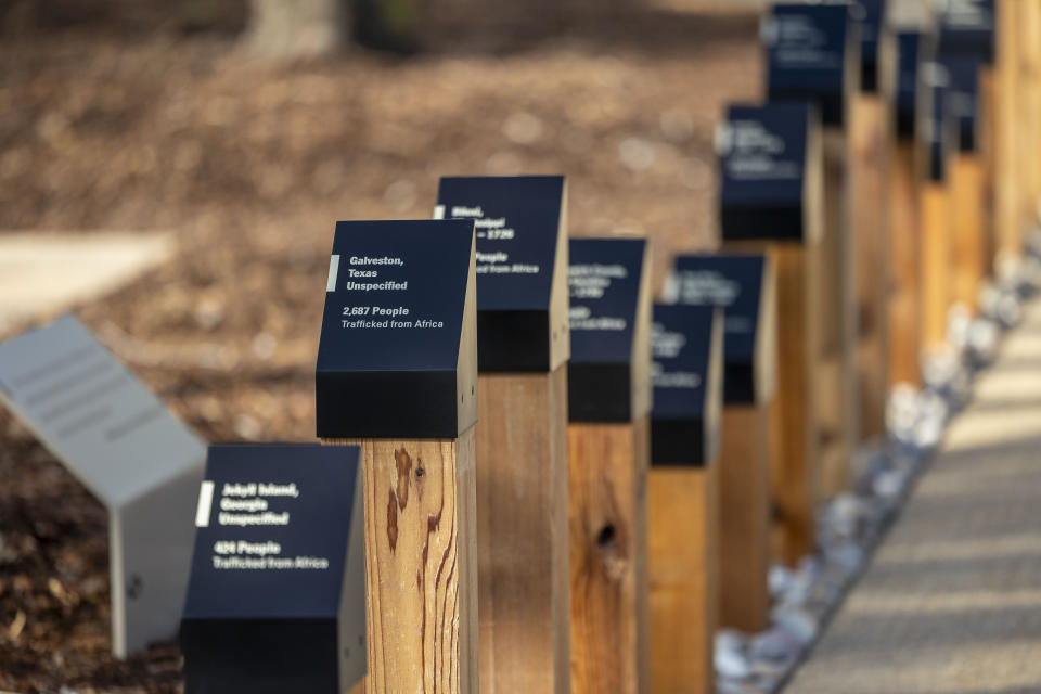 An information display depicts the number of enslaved people by point of entry to the United States, during a media tour of Equal Justice Initiative's new Freedom Monument Sculpture Park, Tuesday, March 12, 2024, in Montgomery, Ala. (AP Photo/Vasha Hunt)