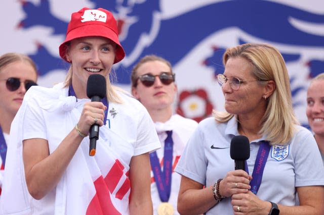 England captain Leah Williamson and head coach Sarina Wiegman on stage during a fan celebration to commemorate their Euro 2022 win (James Maning/PA)