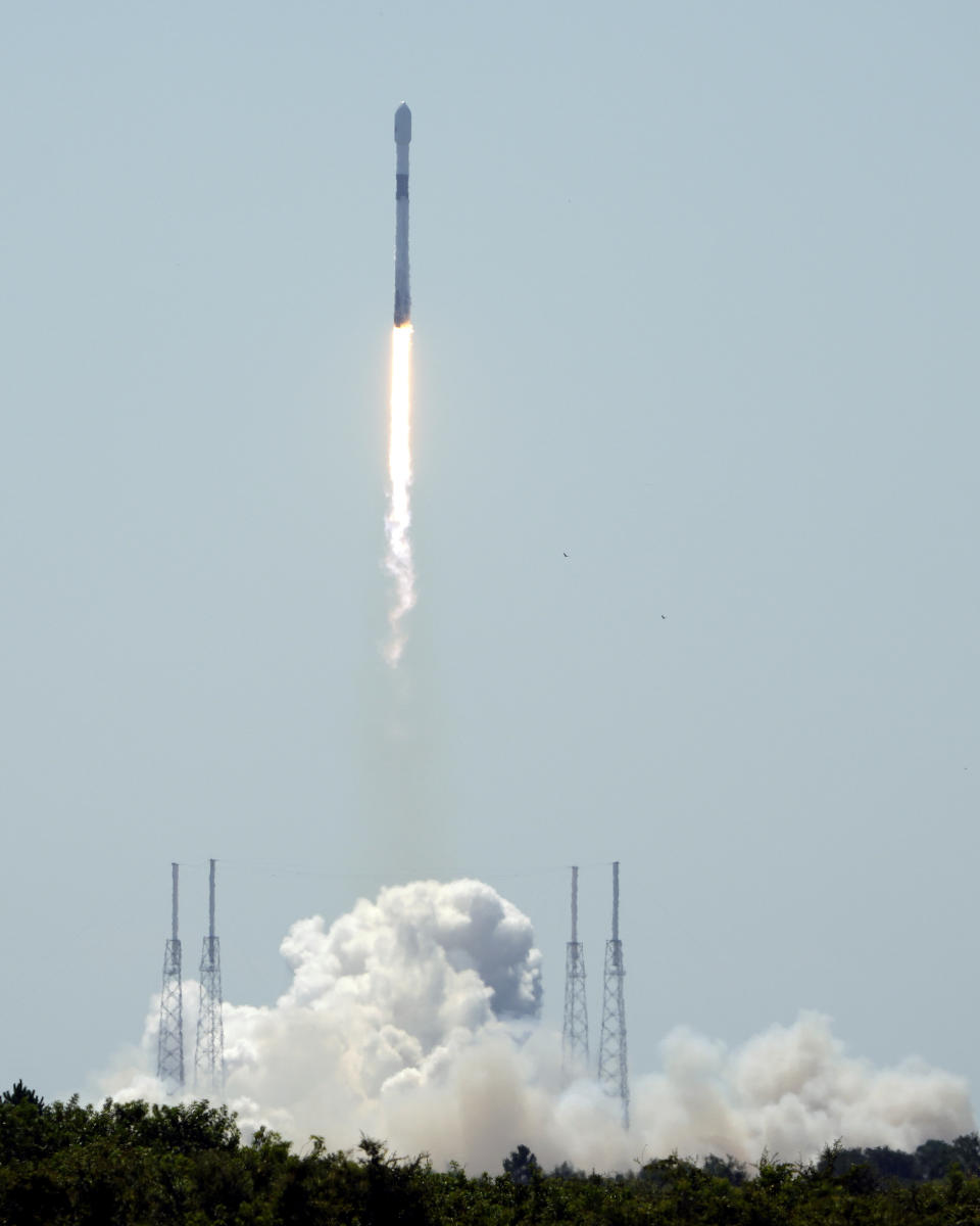 A SpaceX Falcon 9 rocket, with the European Space Agency Euclid space telescope, lifts off from pad 40 at the Cape Canaveral Space Force Station in Cape Canaveral, Fla., Saturday, July 1, 2023. The Euclid mission is designed to explore the evolution of the dark universe. (AP Photo/John Raoux)