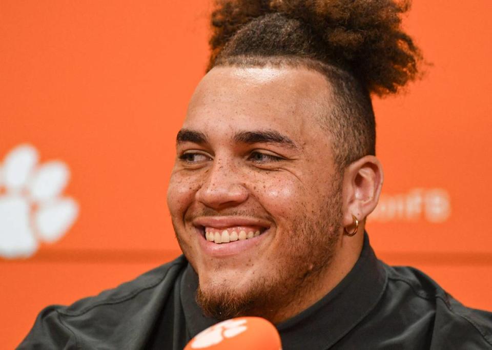 Clemson offensive lineman Tristan Leigh speaks in the Smart Family Media Center before the first open practice at the Poe Indoor Facility in Clemson, S.C. Monday, October 30, 2023. Ken Ruinard/USA TODAY NETWORK