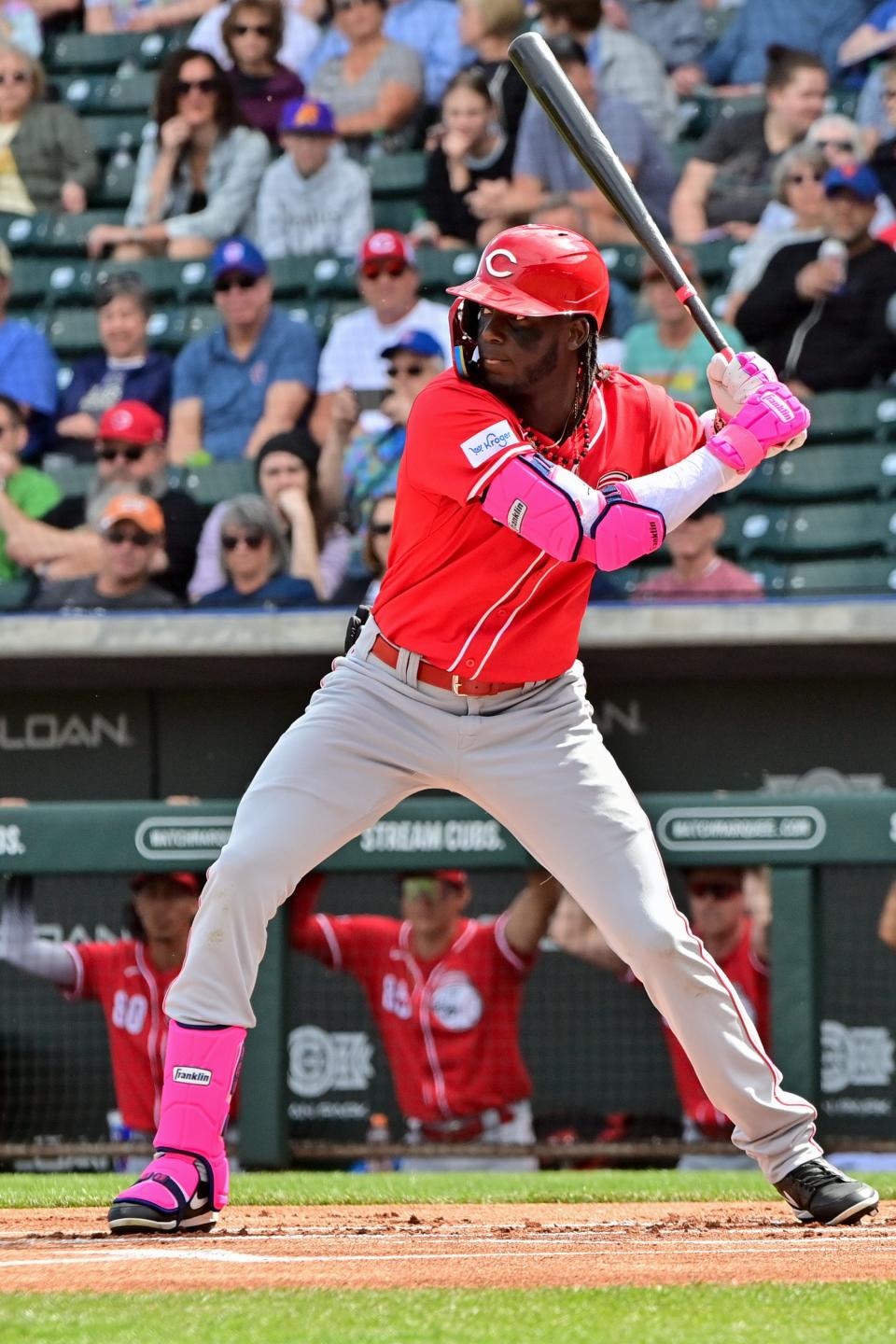 Feb 27, 2024; Mesa, Arizona, USA; Cincinnati Reds third baseman Elly De La Cruz (44) at bat in the first inning against the Chicago Cubs during a spring training game at Sloan Park. Mandatory Credit: Matt Kartozian-USA TODAY Sports