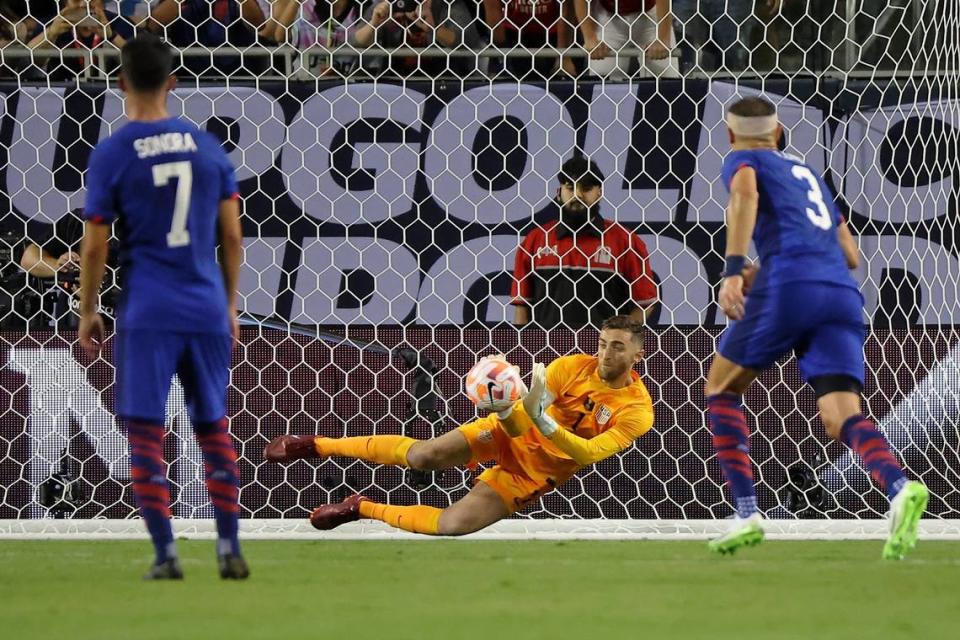 Jun 24, 2023; Chicago, Illinois, USA; United States goalkeeper Matt Turner (1) makes a save on a penalty kick taken by Jamaica forward Leon Bailey (not pictured) during the first half at Soldier Field. Mandatory Credit: Jon Durr-USA TODAY Sports