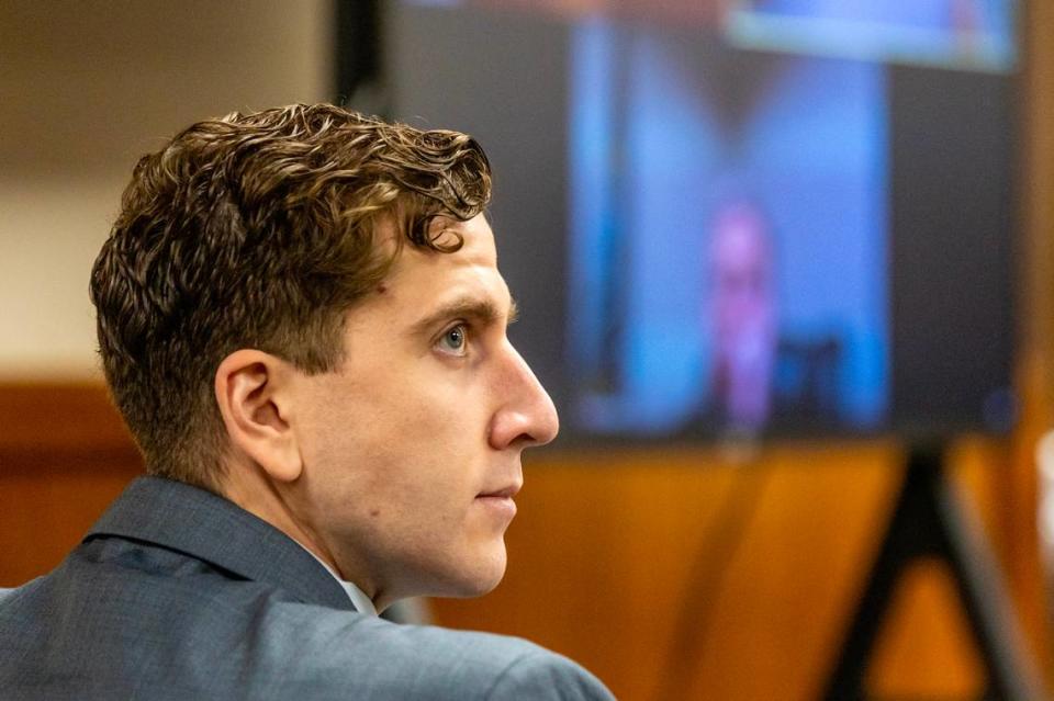 Bryan Kohberger listens to court proceedings during a pretrial hearing Friday, Aug. 18, 2023, at the Latah County Courthouse in Moscow.