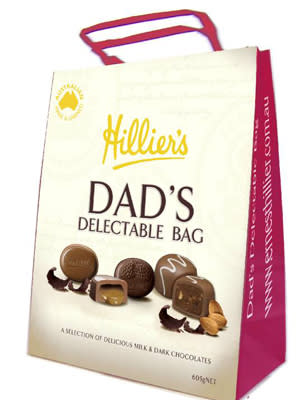 <p>Dad’s Delectable Bag from Hillier’s, RRP. $18.00 is available from Big W stores nationally. <a rel="nofollow noopener" href="http://shopping.yahoo.com.au/CatIn.aspx?catid=372" target="_blank" data-ylk="slk:Shop for chocolate;elm:context_link;itc:0;sec:content-canvas" class="link ">Shop for chocolate</a></p>