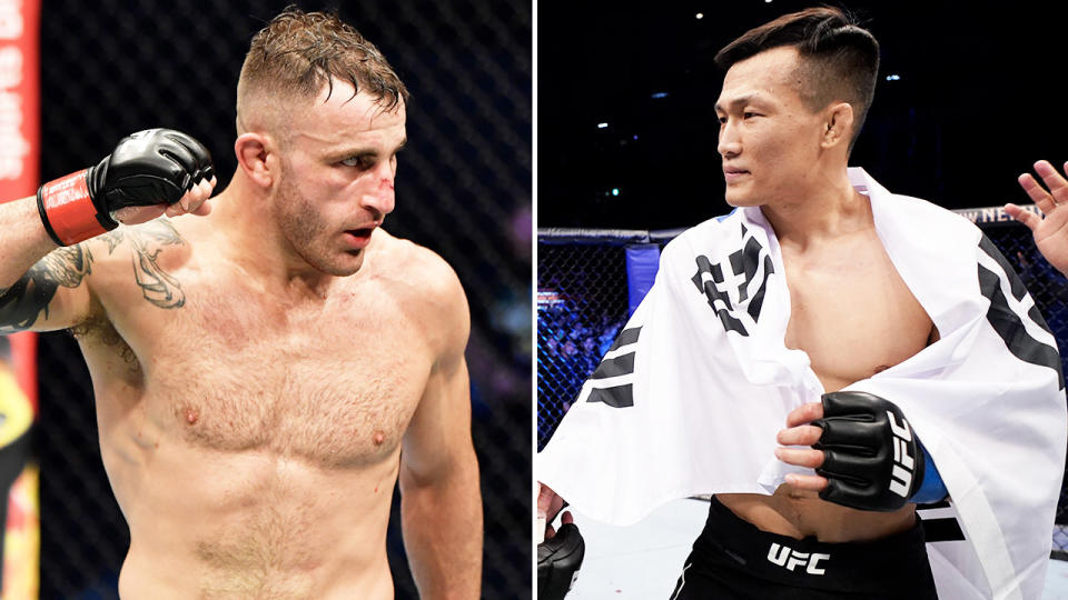 Alexander Volkanovski (pictured left) flexing after defeating Max Holloway and Chan Sung Jung (pictured right) shaking hands.