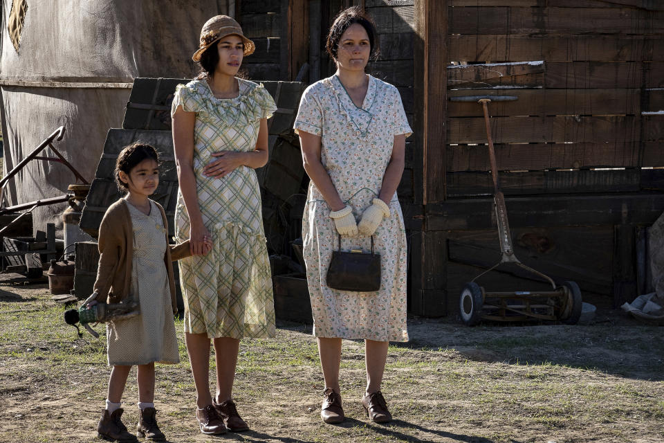 This image released by HBO Max shows Stephanie Hoston, center, and Onahoua Rodriguez, right, in a scene from "Perry Mason." (HBO Max via AP)