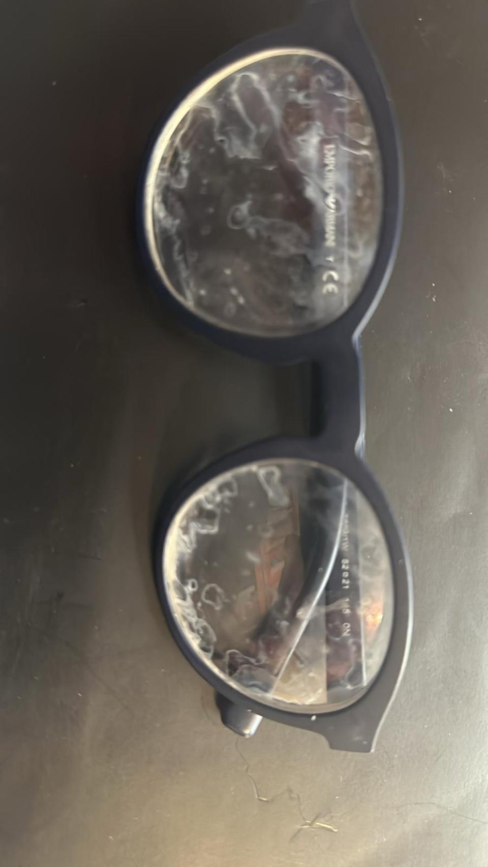 The lawyer’s glasses after the attack, showing signs of damage (Shahzad Akbar)