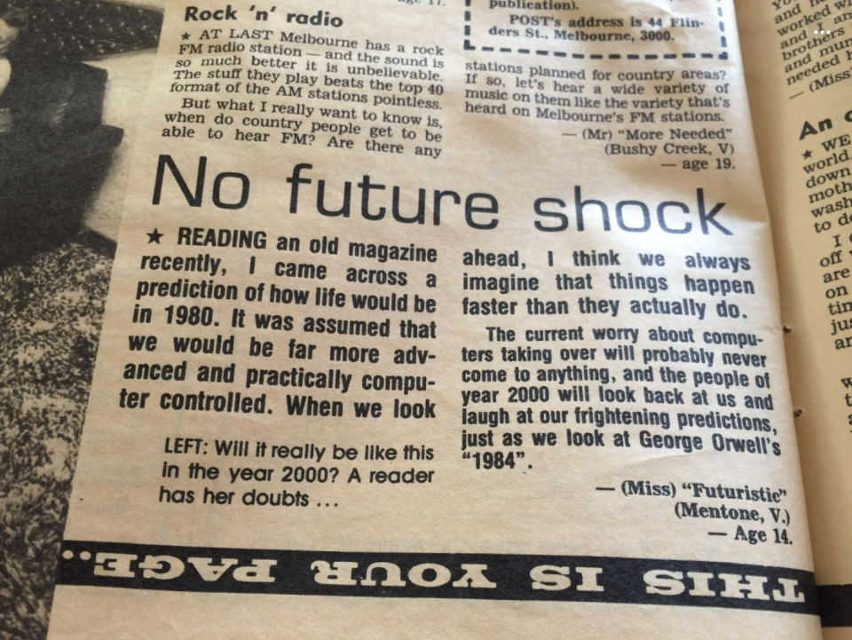 Newspaper excerpt predicts computer dominance by 2000, referencing George Orwell’s “1984.” Mentions public doubts and fears of technology’s impact on society