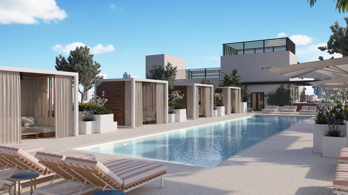 A rendering of the pool deck and private cabanas at Arlo Wynwood.