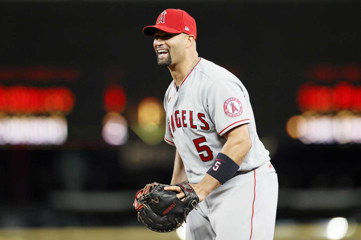 SEATTLE, WASHINGTON - APRIL 30: Albert Pujols #5 of the Los Angeles Angels in action against the Seattle Mariners at T-Mobile Park on April 30, 2021 in Seattle, Washington. (Photo by Steph Chambers/Getty Images)