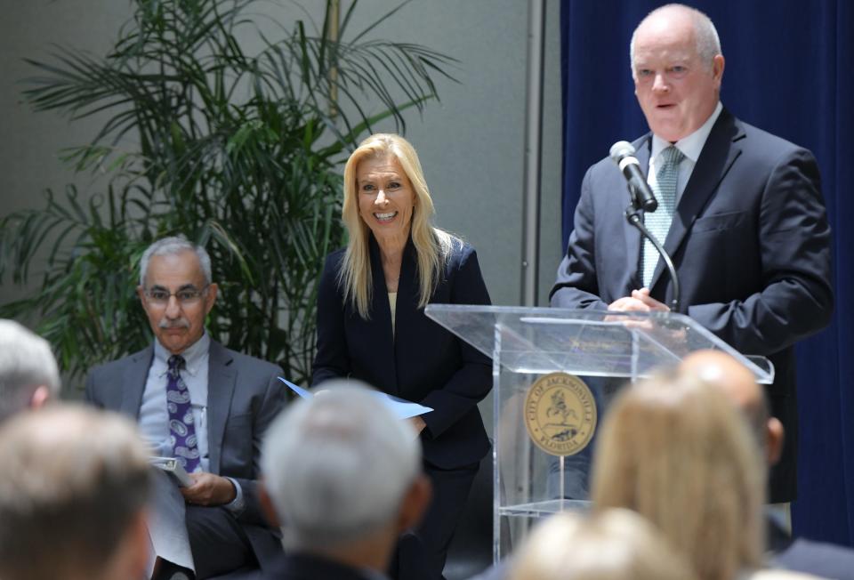 City Council President Ron Salem, Jacksonville Mayor Donna Deegan, and Michael Corrigan, the CEO of Visit Jacksonville, are pictured at Wednesday's press conference for the Jacksonville Sports Foundation launch.