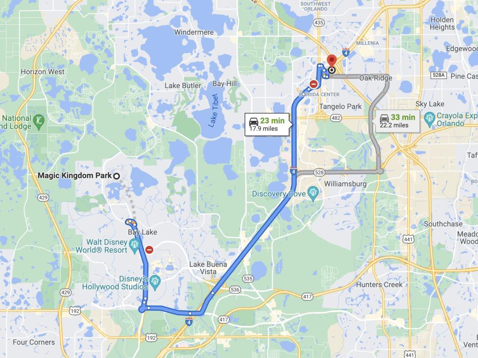 The distance between Magic Kingdom and a Disney's Character Warehouse in Orlando.