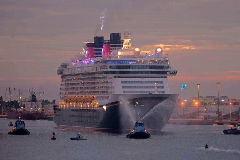 (Jan. 4, 2011): The Disney Dream, Disney Cruise Line’s newest ship, arrives Jan. 4, 2011 for the first time to her home port of Port Canaveral, Fla. after traveling approximately 6,500 miles across the Atlantic Ocean from Bremerhaven, Germany. The 4,000-passenger Disney Dream will welcome guests on her maiden voyage on Jan. 26, 2011, and is scheduled to sail three-, four- and five-night cruises to the Bahamas and Disney’s private island Castaway Cay, from Port Canaveral. (David Roark, photographer)