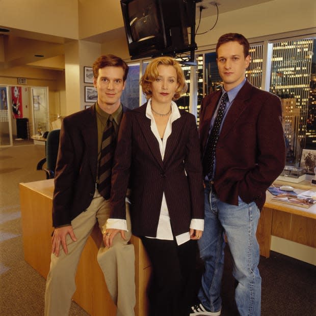 Peter Krause, Felicity Huffman, Josh Charles promotional photo for "Sports Night"<p><a href="https://www.gettyimages.com/detail/1181285298" rel="nofollow noopener" target="_blank" data-ylk="slk:Murray De'atley/Getty Images;elm:context_link;itc:0;sec:content-canvas" class="link ">Murray De'atley/Getty Images</a></p>