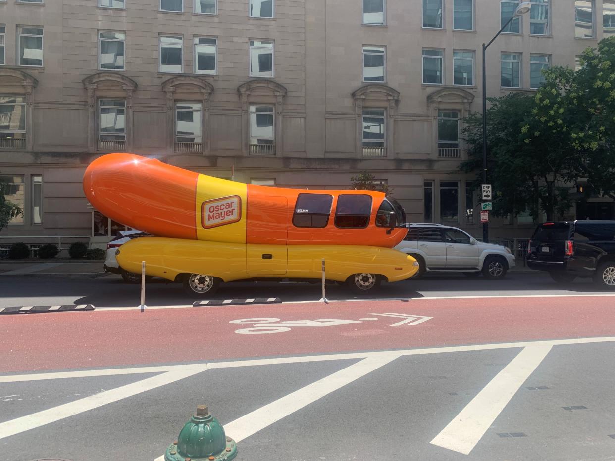 The Wienermobile pulls up across the street from the USA TODAY's bureau on I Street in Washington, D.C.