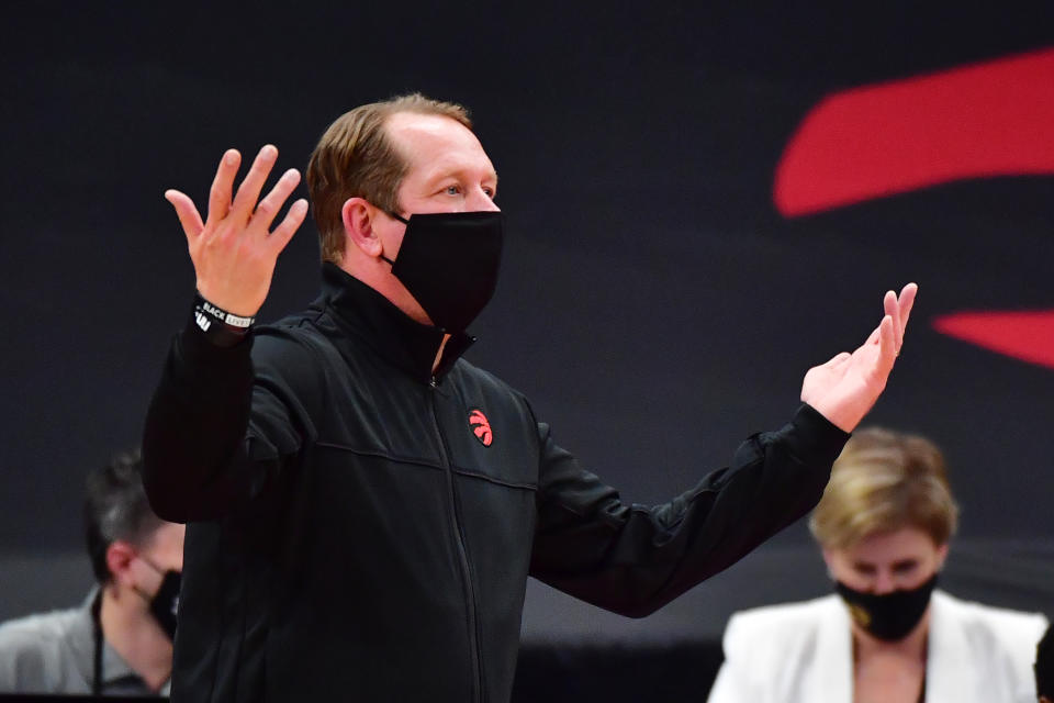 TAMPA, FLORIDA - JANUARY 14: Head coach Nick Nurse of the Toronto Raptors reacts during the first half against the Charlotte Hornets at Amalie Arena on January 14, 2021 in Tampa, Florida. NOTE TO USER: User expressly acknowledges and agrees that, by downloading and or using this photograph, User is consenting to the terms and conditions of the Getty Images License Agreement. (Photo by Julio Aguilar/Getty Images)