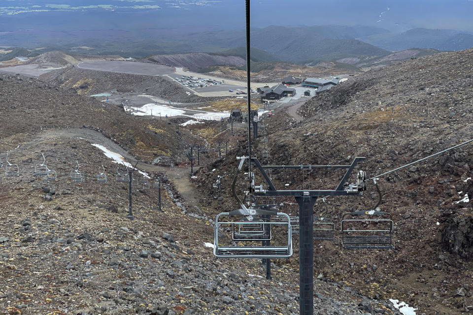 FILE - The ski slopes are almost devoid of snow at the Tūroa ski field, on Mt. Ruapehu, New Zealand on Sept. 22, 2022. 2022 was New Zealand's hottest year on record, breaking a record set just one year ago by a significant margin. Scientists say a La Nina weather system and climate change are among the factors that led to the result. (AP Photo/Nick Perry, File)