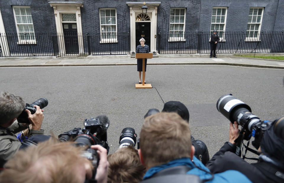 Prime Minister Theresa May speaks to the media