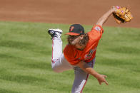 Baltimore Orioles starting pitcher Dean Kremer throws in the first inning of a baseball game against the New York Yankees, Saturday, Sept. 12, 2020, in New York. (AP Photo/John Minchillo)