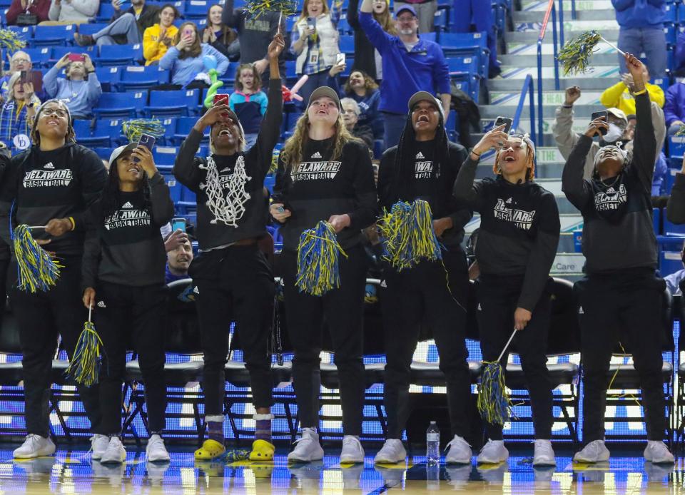 Delaware reacts as they learn they will play Maryland as a 13 seed in the first round of the NCAA tournament in a Selection Sunday event at the Bob Carpenter Center Sunday, March 13, 2022.