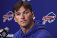 Buffalo Bills second-round draft pick Cole Bishop addresses the media during an NFL football news conference in Orchard Park, N.Y., Saturday, April 27, 2024. (AP Photo/Jeffrey T. Barnes)
