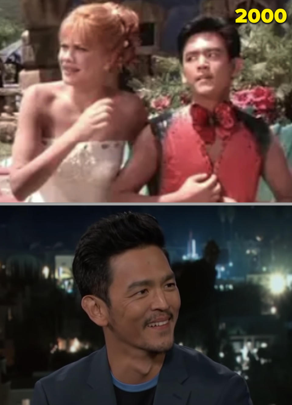 John Cho as a valet in the "Flintstones" movie vs. him being interviewed on a talk show in 2018