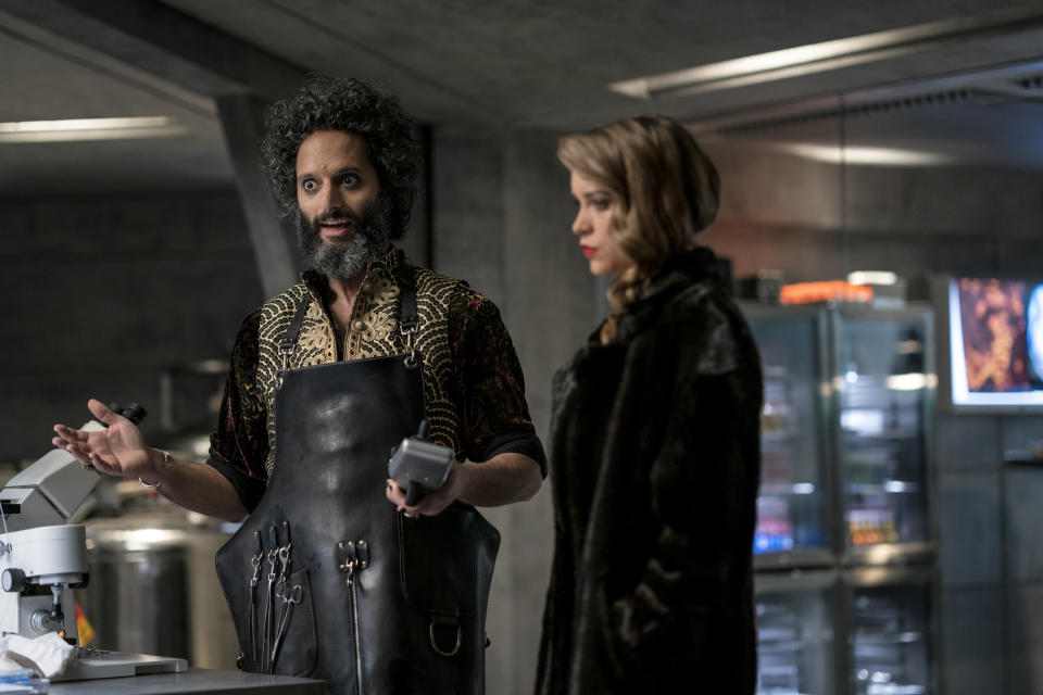 This image released by Paramount Plus shows Jason Mantzoukas, left, and Sophie Cookson in a scene from "Infinite." (Peter Mountain/Paramount+ via AP)