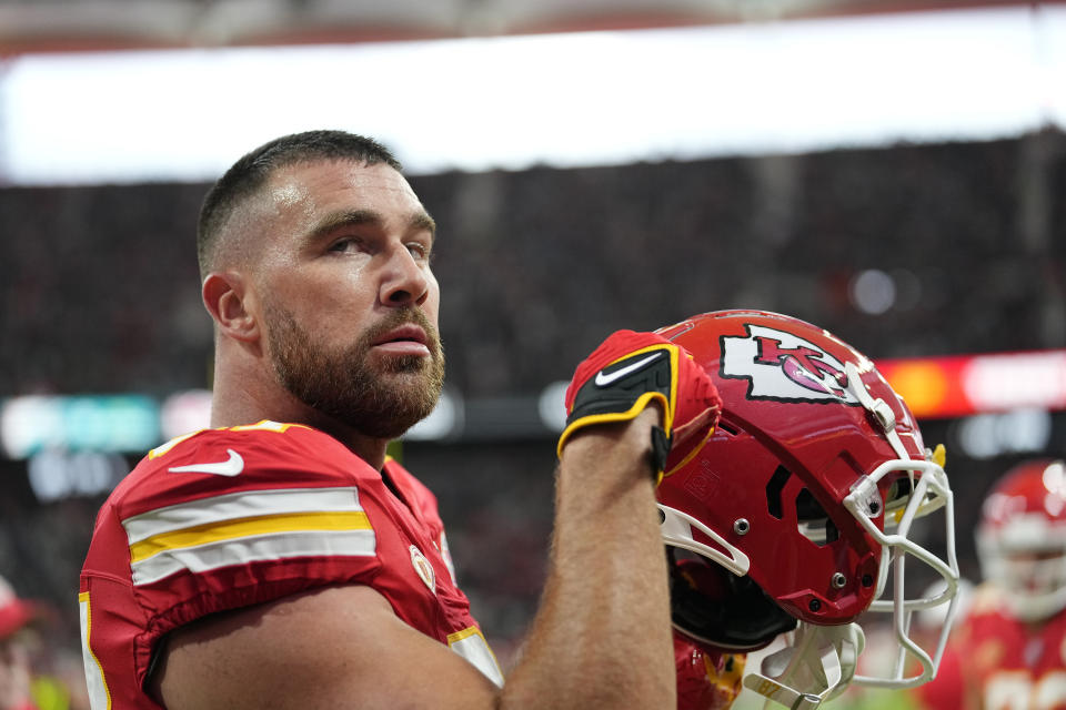 Kansas City Chiefs tight end Travis Kelce warms up before the start of an NFL football game against the Miami Dolphins Sunday, Nov. 5, 2023, in Frankfurt, Germany. (AP Photo/Martin Meissner)