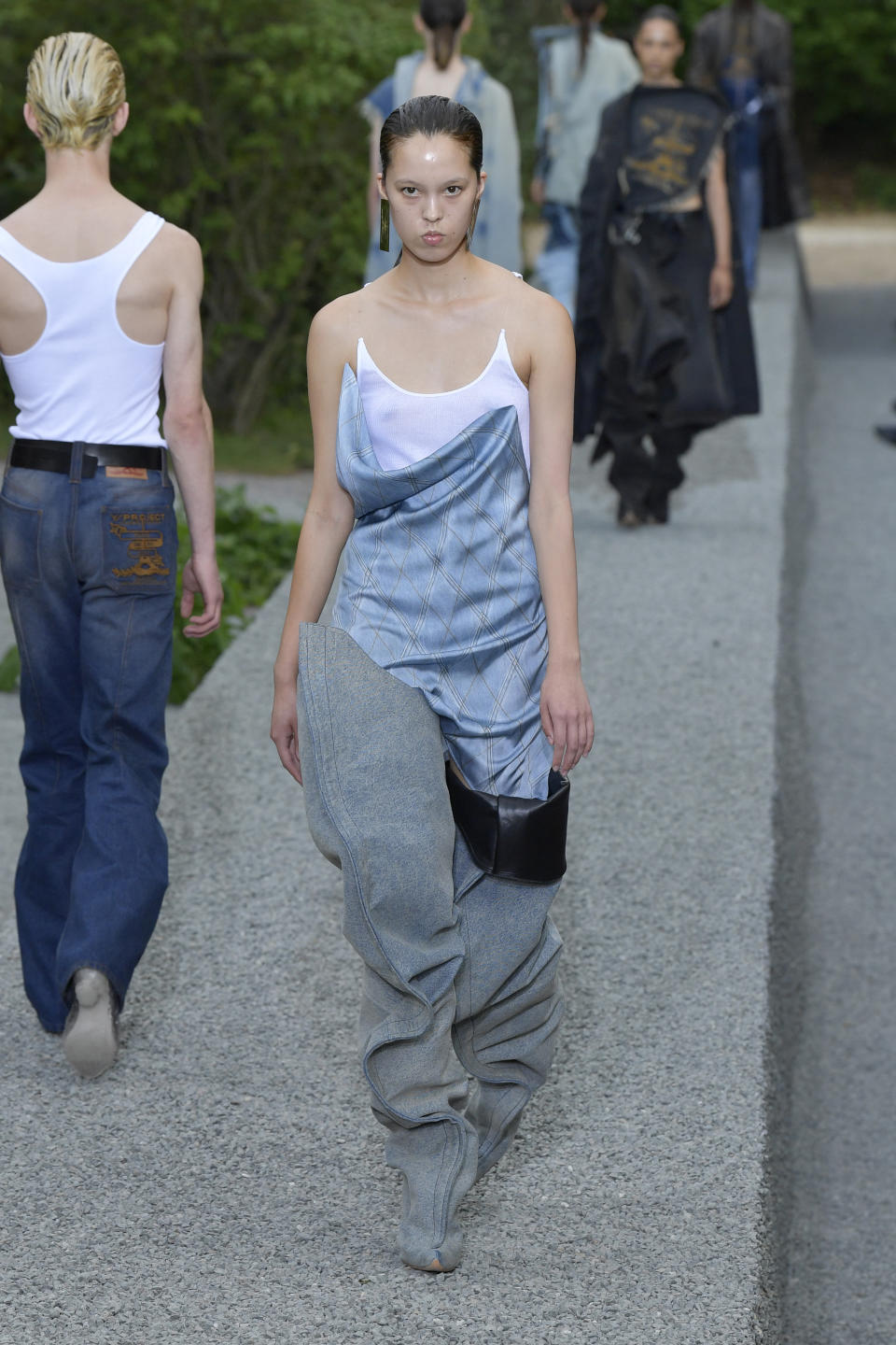 a model walks at Y/Prohect Menswear spring/summer 2023 catwalk at Paris Fashion Week