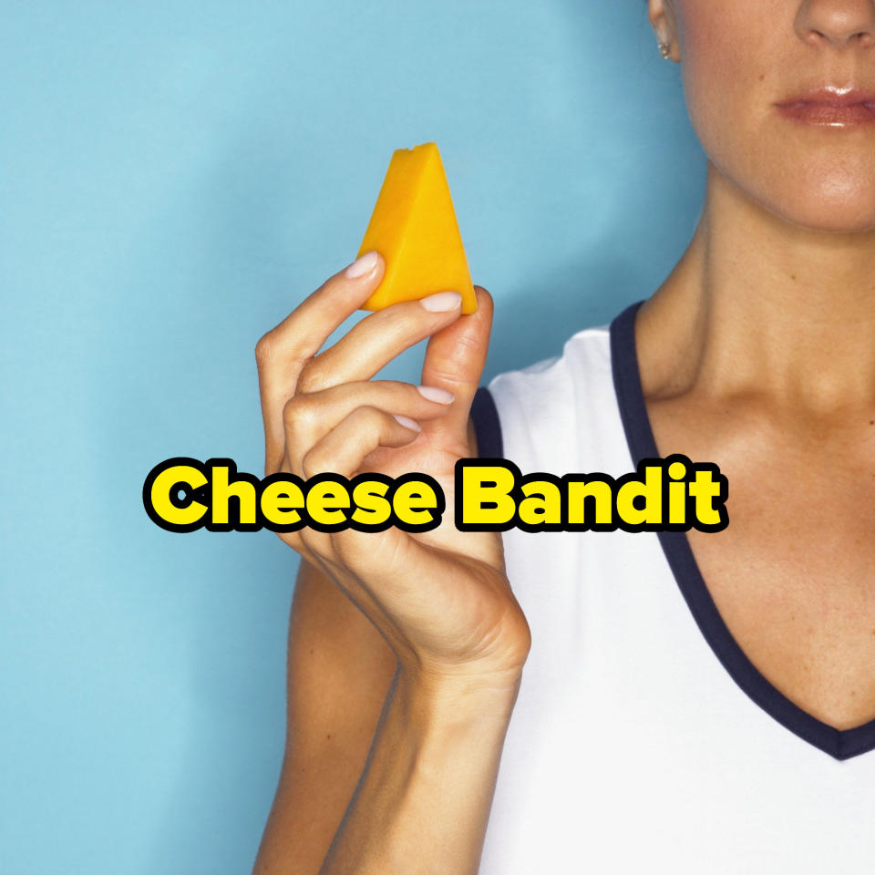 A woman holding a cube of cheese with text saying, "cheese bandit"